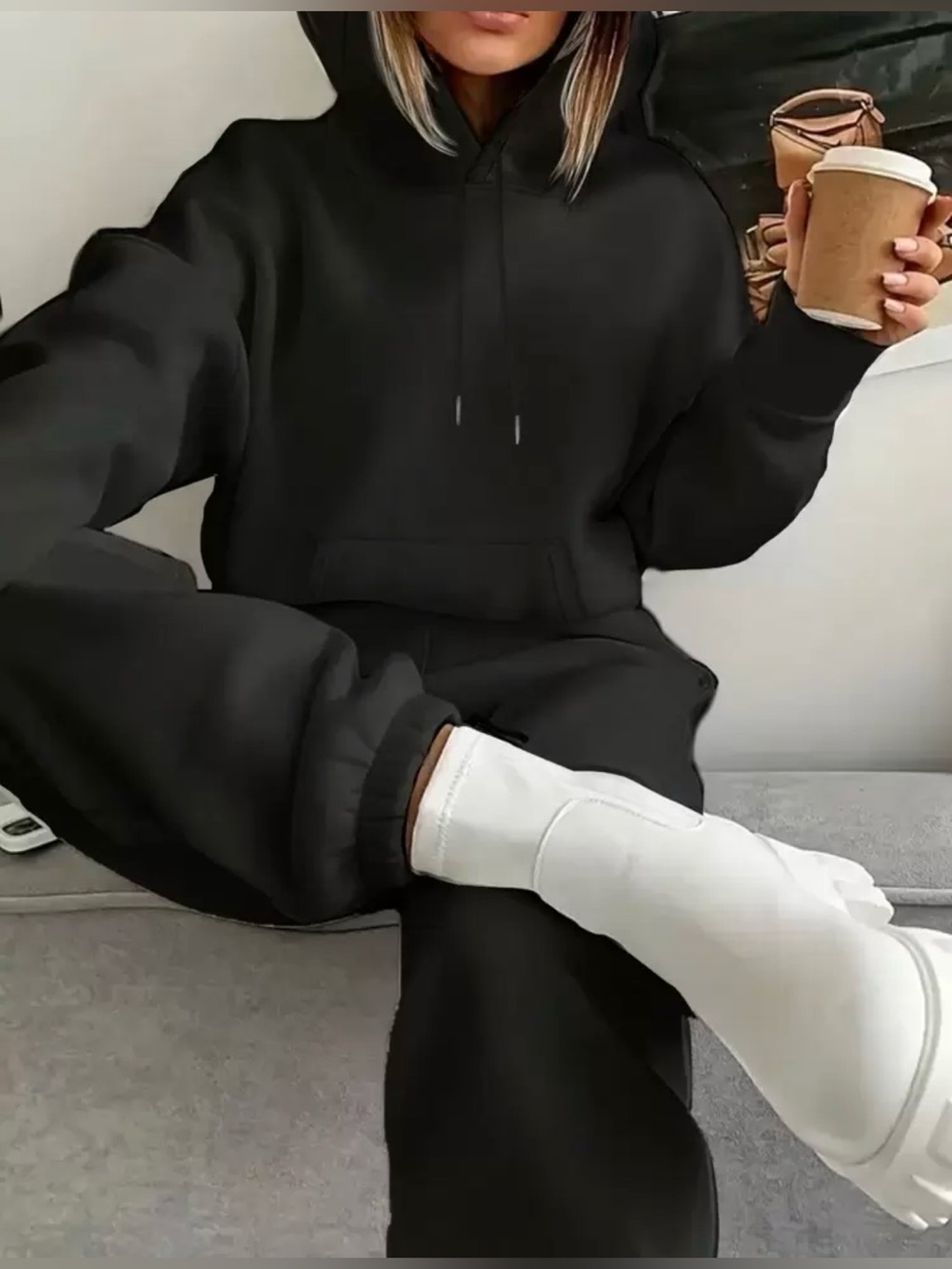 New Cozy Black Hoodie Sweat Set Size Small